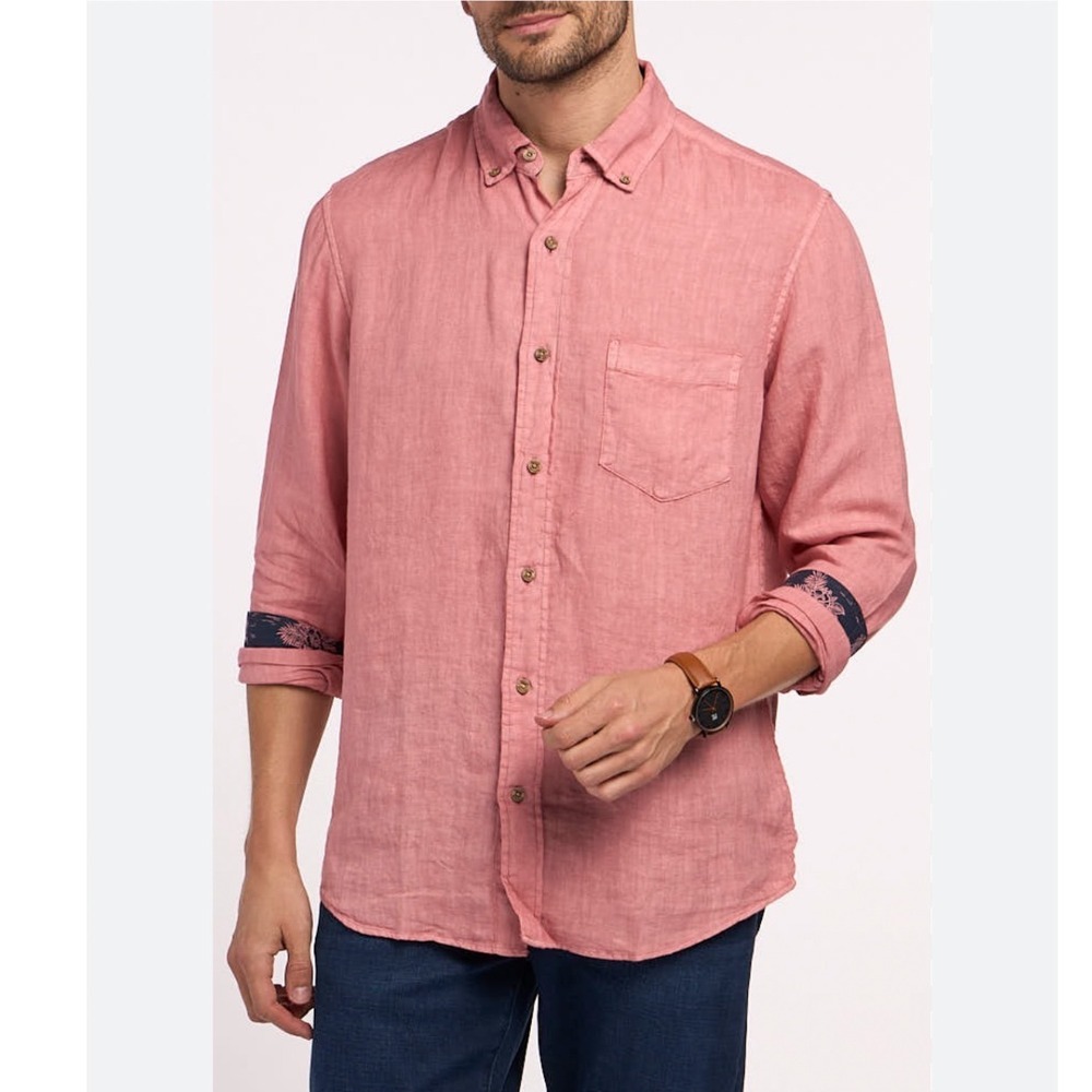 Tailor Vintage Mens Puretec Cool 100% Linen Button Down Shirt Dusty Rose‎ M NEW